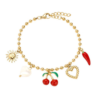 Charm-Armband aus Edelstahl mit Kirsche, Herz, Chili & Sonne – Modell Juna von Cala Rose, vergoldet oder silberfarben